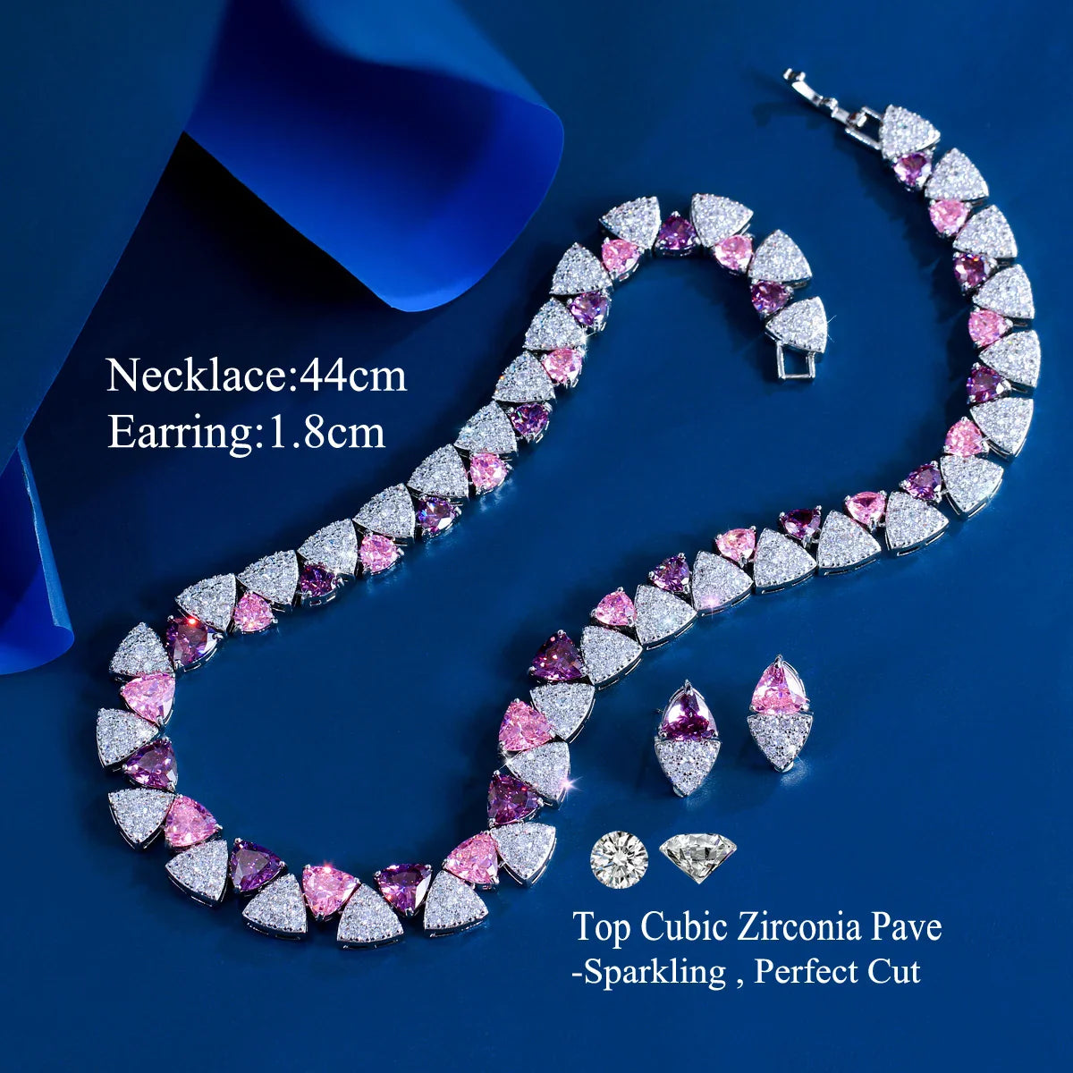 Pink Purple Triangle CZ Crystal Necklace Earring Set