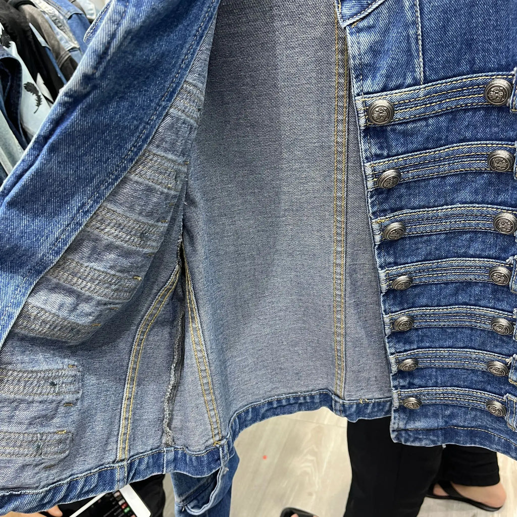 Denim Coat Women Jacket Streetwear Distressed Button Stand Collar Washed Patchwork Female Vintage Autumn Casual Outerwear