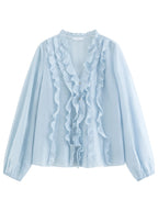 FSLE 2026 Summer New Women's French Style V-Neck Ruffle Blouse Lightweight Sheer Hem Top for Coquette Vacation Chic Daily Style
