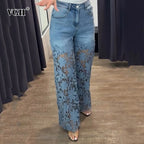 VGH Solid Slimming Hollow Out Temperament Denim Pants For Women High Waist Spliced Button Temperament Trousers Female Fashion