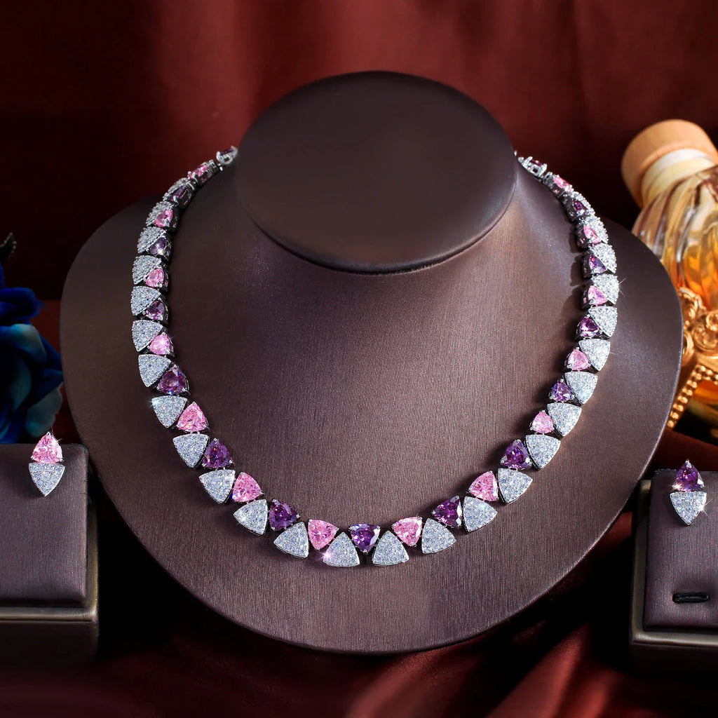 Pink Purple Triangle CZ Crystal Necklace Earring Set