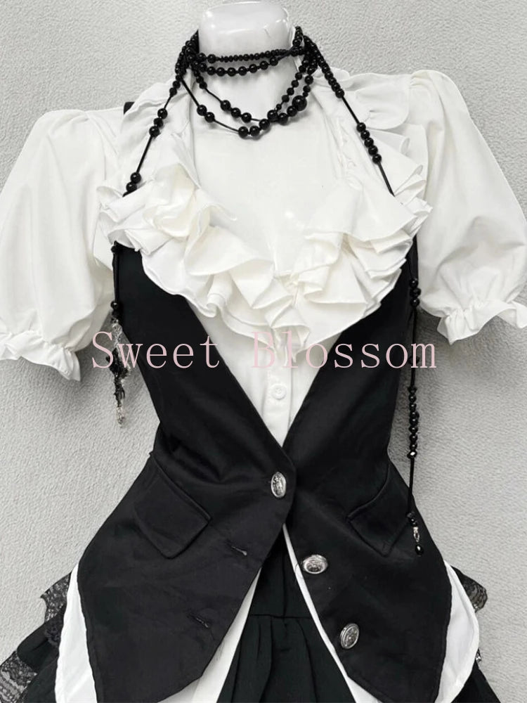Harajuku Gothic Retro Chic Outfit Women Bubble Sleeve Shirt + Slim Vest + Short Cake Skirt New Vintage Fashion 3 Piece Suit 2025