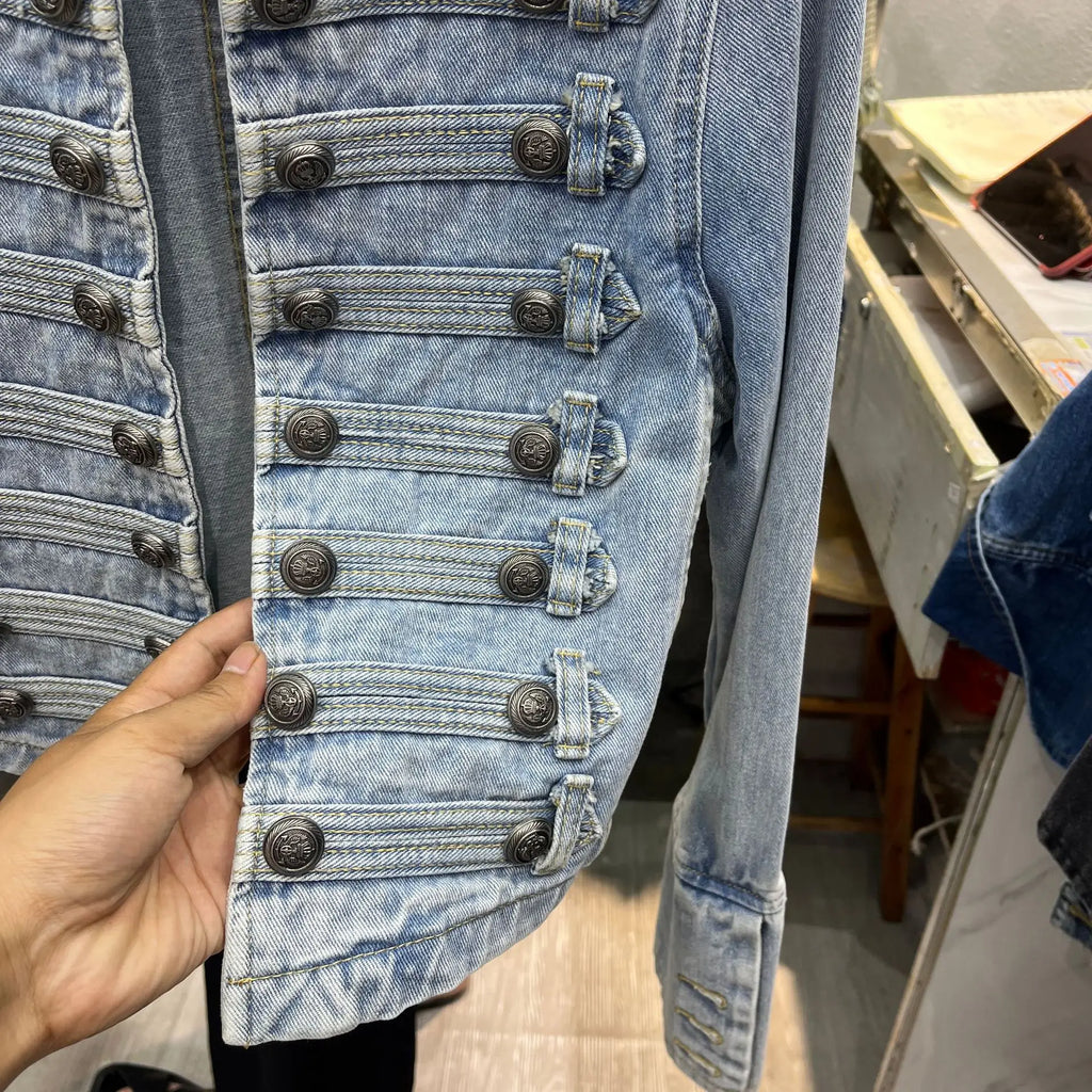 Denim Coat Women Jacket Streetwear Distressed Button Stand Collar Washed Patchwork Female Vintage Autumn Casual Outerwear