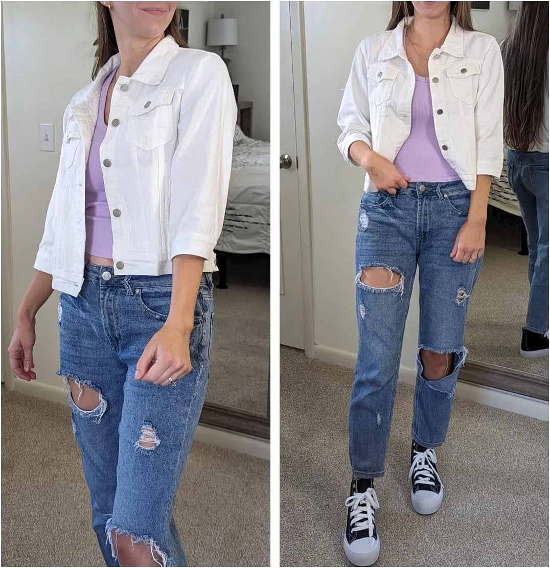 Womens Jean Jacket Cropped Denim Jackets Purple Yellow White Blue Stretchy 3/4 Puff Sleeve Distressed Shacket With Pockets
