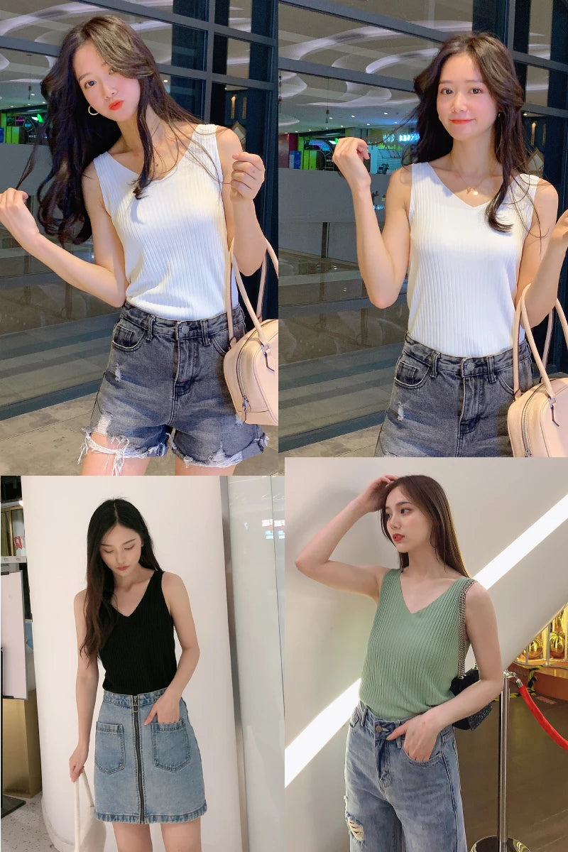 zjais Summer Spring Tanks Top Women Sleeveless Knitted T-Shirts Female Elastic Slim Casual Vests Crop Tops Camis Pullover Shirts