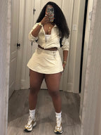 FAGADOER Casual Color Block 2 Piece Sets Woman Outfit Drawstring Ruched Patchwork Crop Top and Skirt Matching Female Streetwear