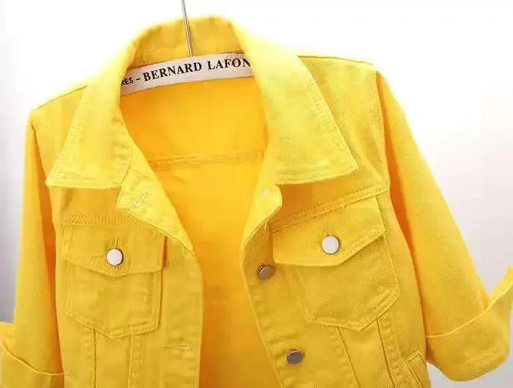 Womens Jean Jacket Cropped Denim Jackets Purple Yellow White Blue Stretchy 3/4 Puff Sleeve Distressed Shacket With Pockets