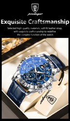 POEDAGAR Top Functional Luxury Man Wristwatch Waterproof Luminous Chronograph Leather Sports Watches For Men Quartz Men's Watch
