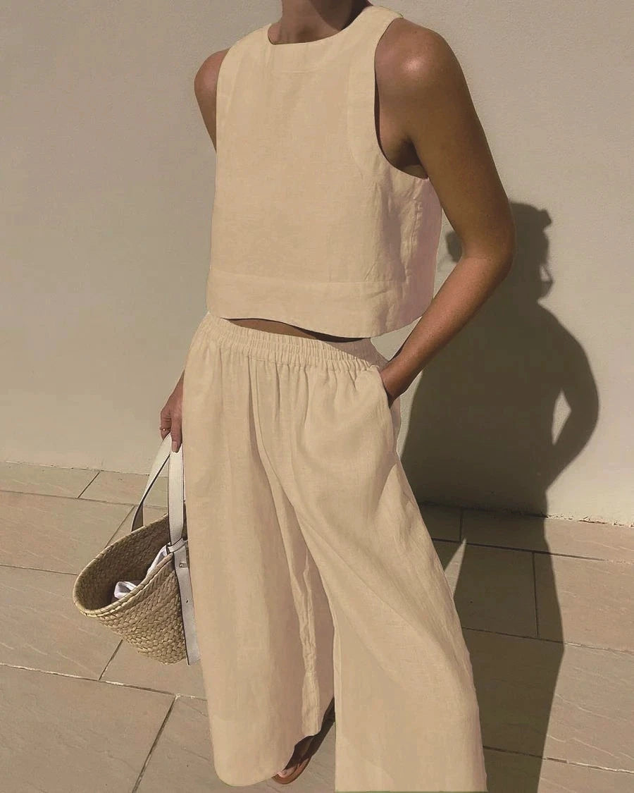 Cotton And Linen Pant Sets Women Sleeveless Leace-up Short Tops Drawstring Long Pants Two Piece Set Commuting 2023 Summer New