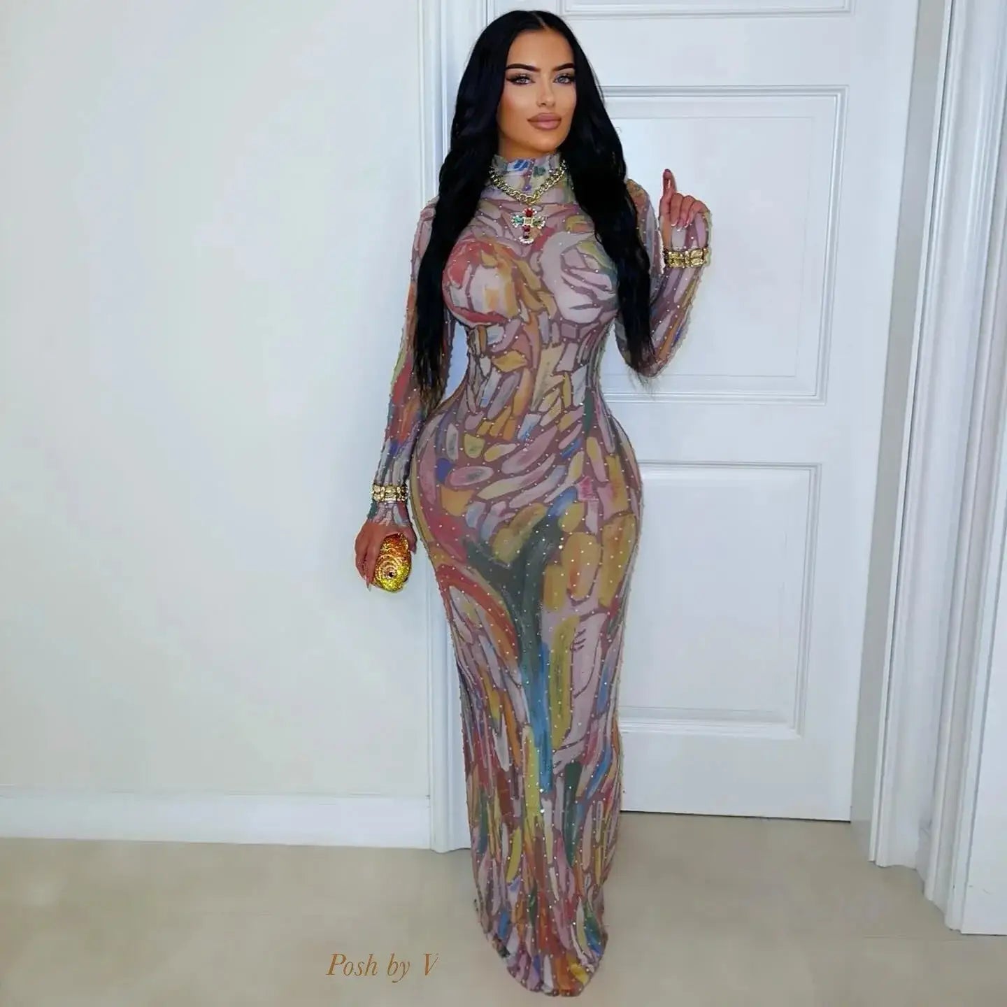 Long Sleeve Water-Media Net Diamond-Heated Party Gown