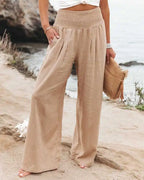 Women's casual pants with drawstring, mid waist, beach wide leg, spring and summer, European and American pants