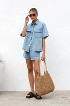 Summer Trendy Women's Casual Loose Pocket Short Sleeve Shirt Cowboy Two Piece Set