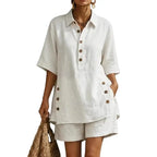 Fresh Color Women Blouse Cotton Linen Set Button Short Sleeve Shirt And Wide Leg Shorts 2 Piece Outfit Summer Women Outfit