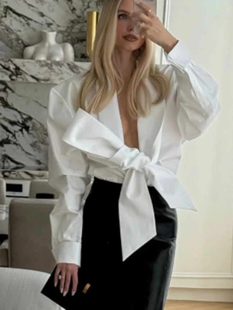 Women's White Tie Front Knot Blouse Elegant Sexy Oversized Collared Shirt with Bow Detail 2026 Women's Office Wear Tops