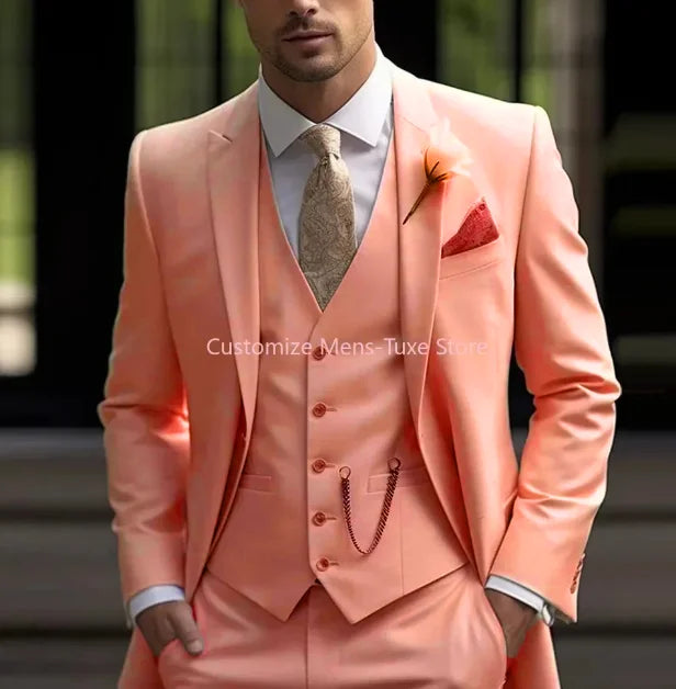 New Beige Suit Men Business Tuxedos Formal 3 Piece Set Jacket Vest Pants Single Breasted Groom Groomsman Prom Wedding Party