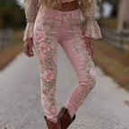 Womens European American Style Floral Print Jeans Straight Leg Casual Denim Pants
