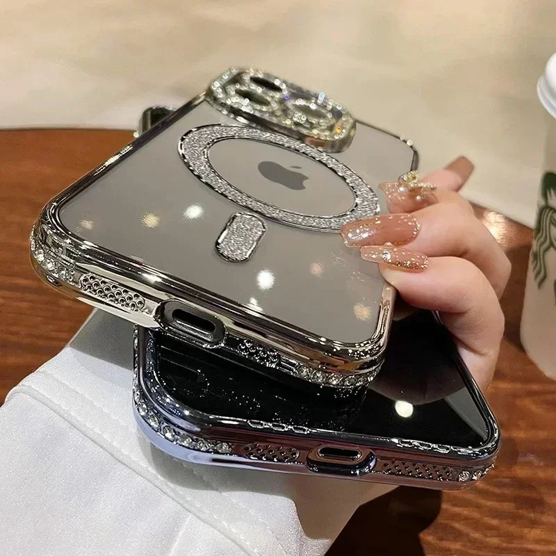 Clear Bling Crystal Phone Case For iPhone 16 15 14 11 12 13 Pro Max Plus For Magsafe Magnetic Wireless Charging Lens Film Cover