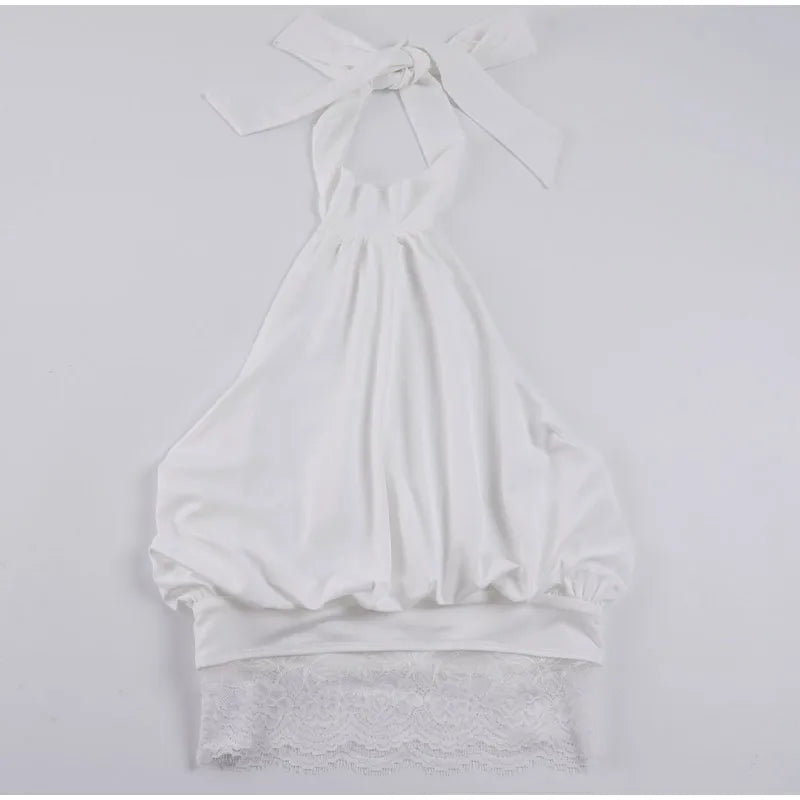 Lace Patchwork Halter Sleeveless Top Bow SLeeveless Tie Slim Fitted 2026 Summer Elegant Women Blouse Versatile Chic Lady Top