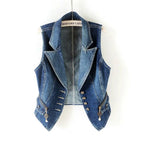 Women Lapel Denim Vest Sleeveless Cropped Jean Waistcoat Jacket with Zipper Pockets