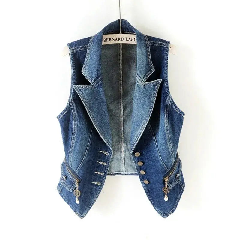 Women Lapel Denim Vest Sleeveless Cropped Jean Waistcoat Jacket with Zipper Pockets