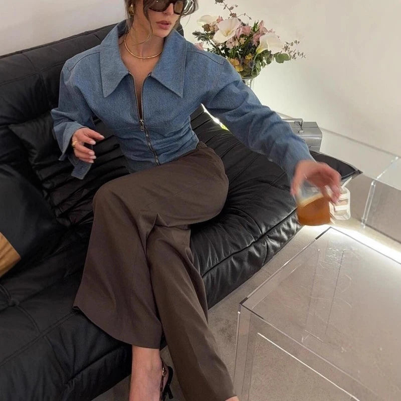 Women Denim Lapel Short Coat Casual Fashion Long Sleeve Vintage High Waist Cardigan Winter Street Lapel Office Commuting Jackets