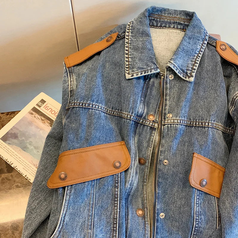 CJFHJE Blue Vintage Patchwork Denim Jacket Women Chicly Fashion Korean Loose Female Jackets Harajuku Zipper Casual Denim Coats