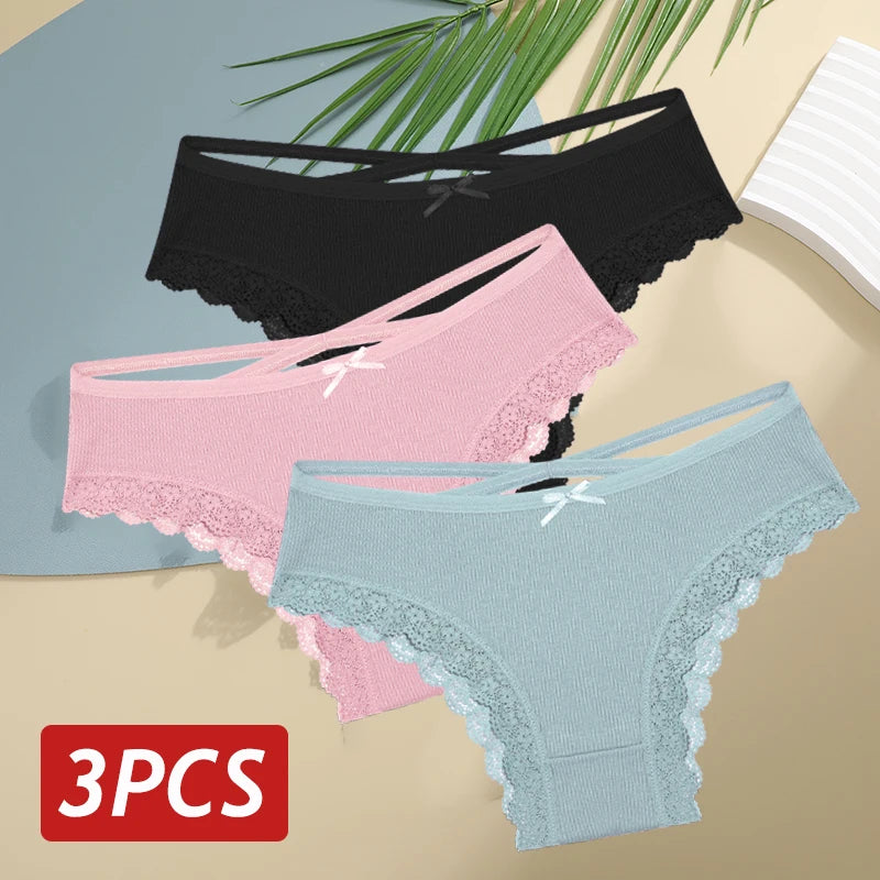 3PCS/Set Women’s Cotton Lace Bikini Panties – Low-Rise Breathable Soft Stretch Underwear (95% Cotton Comfort Fit) Sexy Low Rise Lace Brazilian Panties Hollow Out Soft Breathable Lingerie Female Bow Underwear S-XL