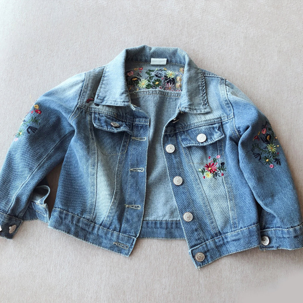 Girls' Denim Jacket with Embroidered,Flowers Fashion Kids Denim Jacket,Toddlers Transition Coat,Casual Children's Cowboy Outwear