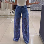 Lace Spliced Elegant Hollow Out Jeans Women New Fashion Temperament High Waist Straight Loose Denim Trousers Y2k Streetwear