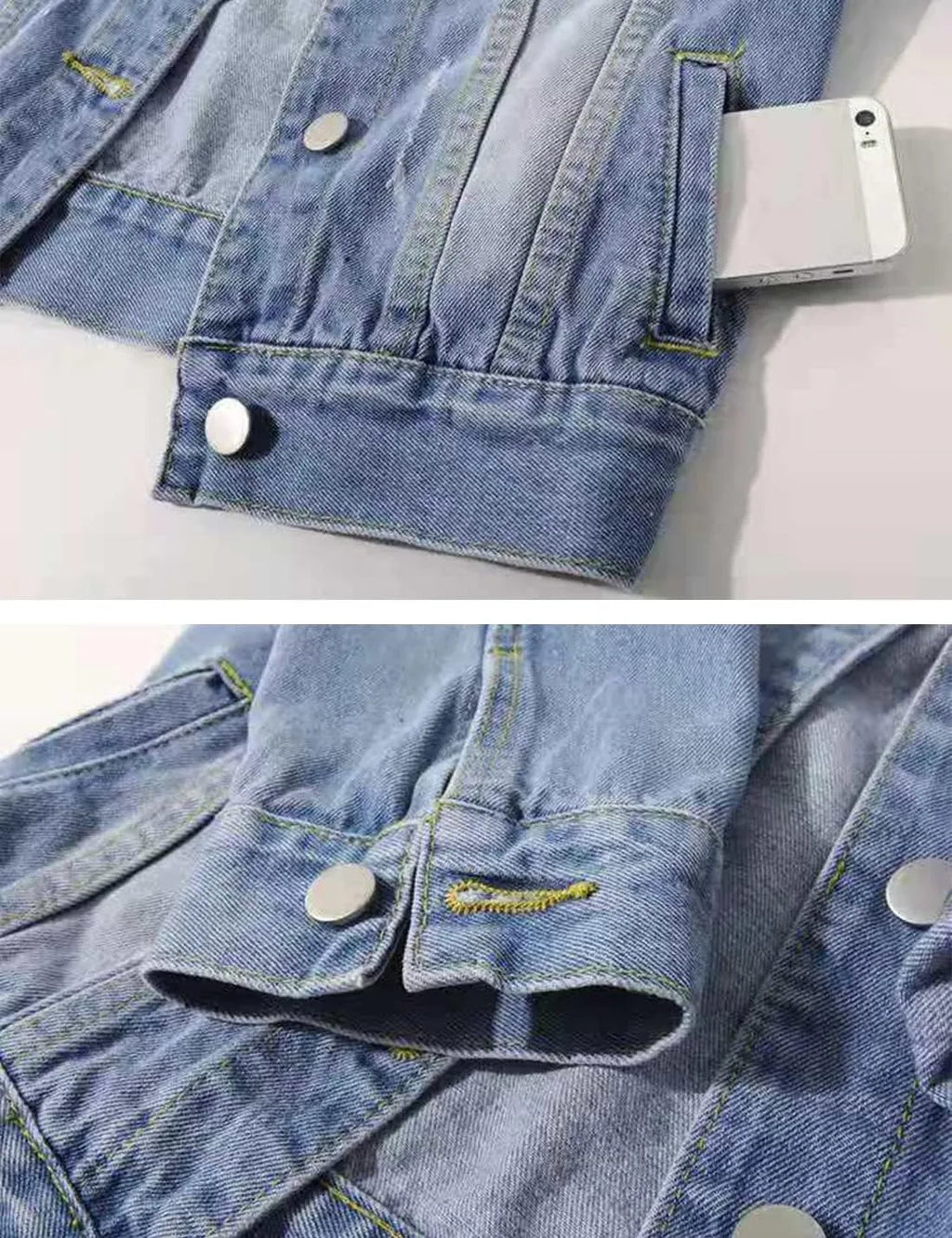 Womens Jean Jacket Cropped Denim Jackets Purple Yellow White Blue Stretchy 3/4 Puff Sleeve Distressed Shacket With Pockets