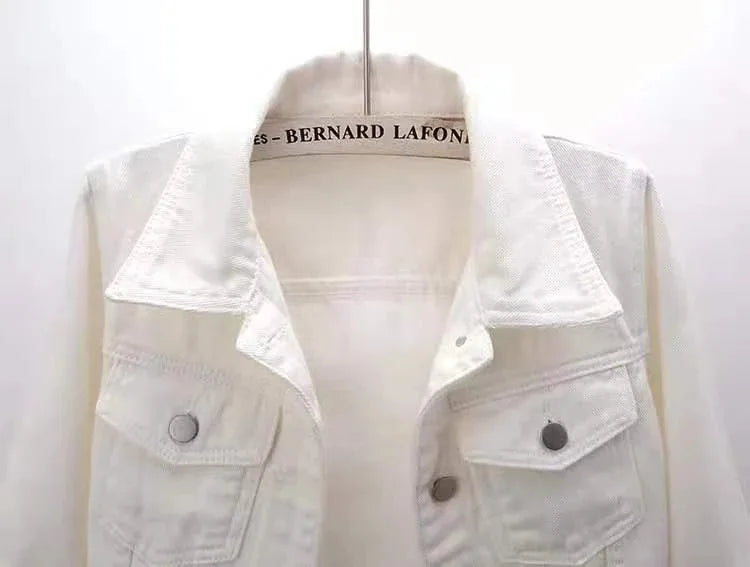 Womens Jean Jacket Cropped Denim Jackets Purple Yellow White Blue Stretchy 3/4 Puff Sleeve Distressed Shacket With Pockets