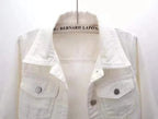Womens Jean Jacket Cropped Denim Jackets Purple Yellow White Blue Stretchy 3/4 Puff Sleeve Distressed Shacket With Pockets