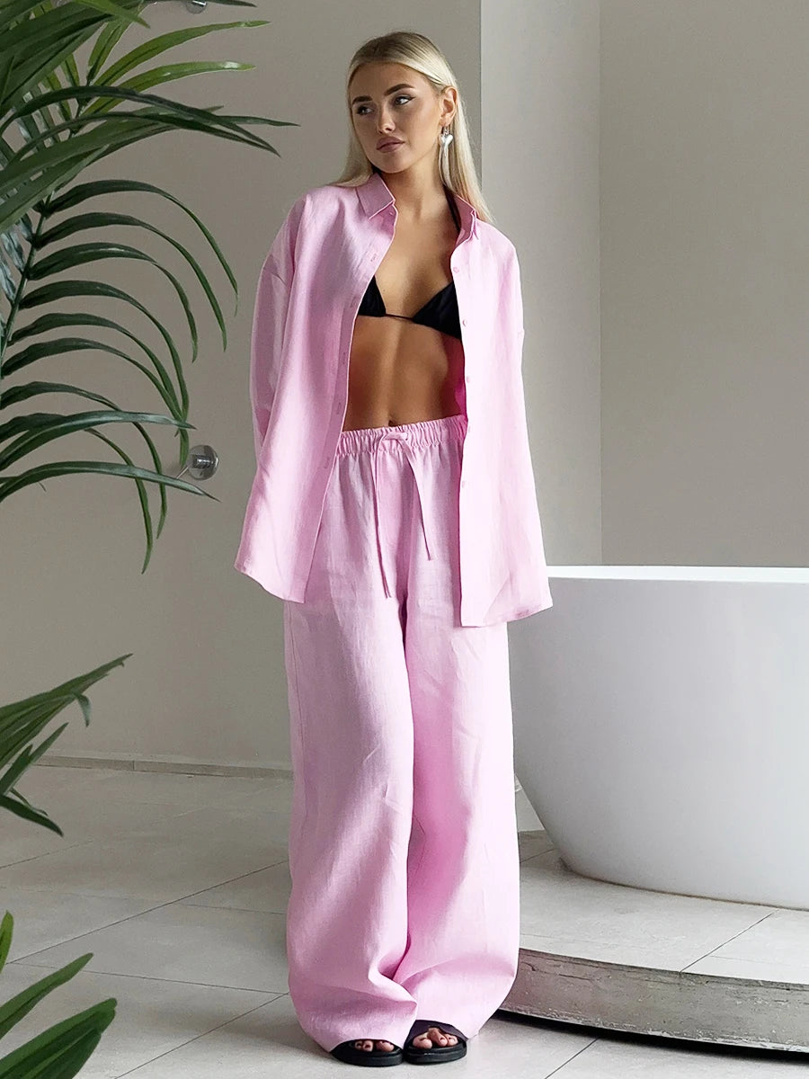 Bornladies Cotton Casual Pants Sets Women's Solid Color Cozy Lapel Long Sleeve Shirt Summer Outfit Elastic Waist Pants Suits