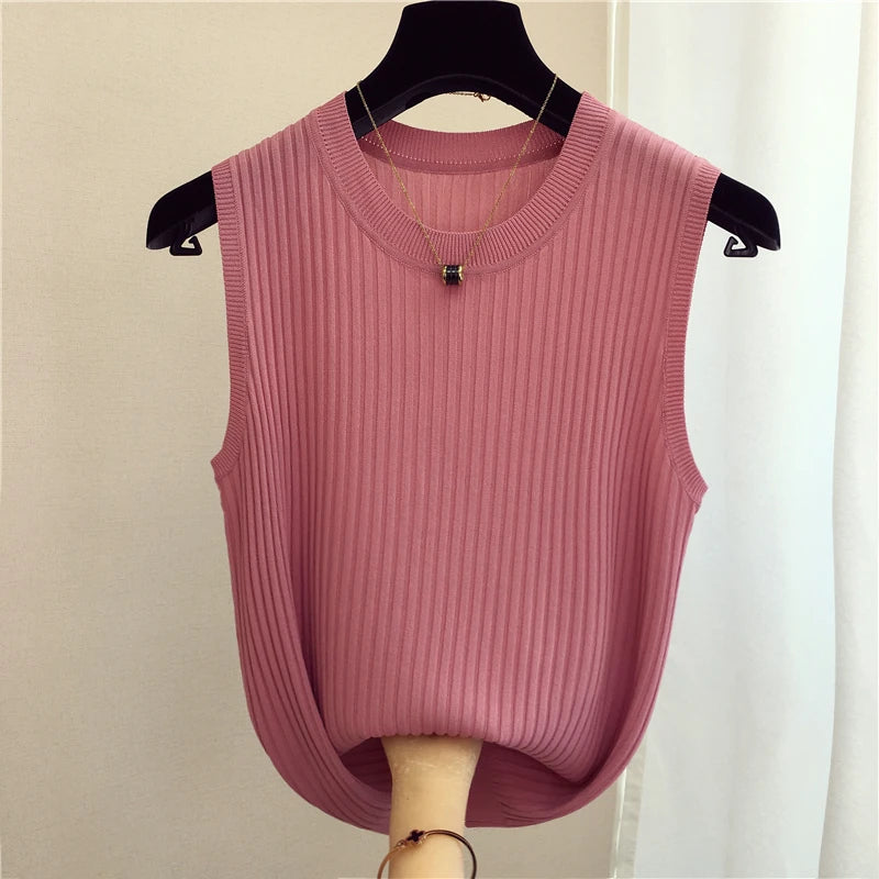 zjais Summer Spring Tanks Top Women Sleeveless Knitted T-Shirts Female Elastic Slim Casual Vests Crop Tops Camis Pullover Shirts