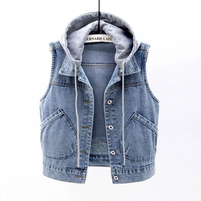 New Denim Vest Women's Spring Autumn Clothes Sleeveless Wild Tops Short Hooded Jacket Women Denim Jeans Vest Jacket Female