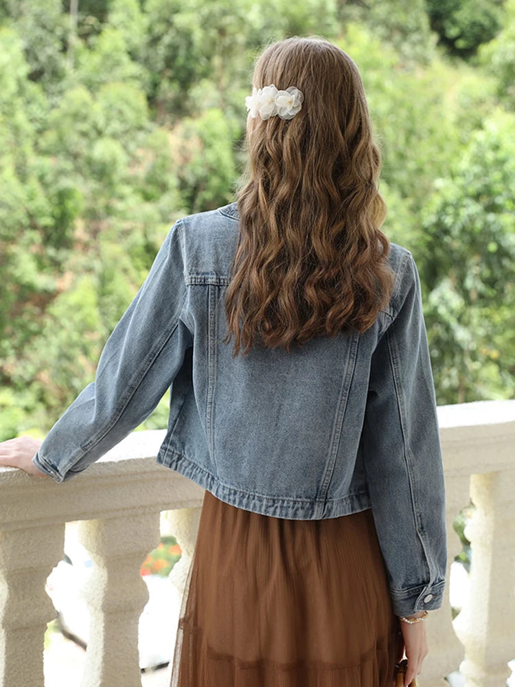 I BELIEVE YOU Short Denim Coat for Women 2024 Crew Neck Autumn New Casual Basic Straight Comfort Retro Female Jackets CWN245542A