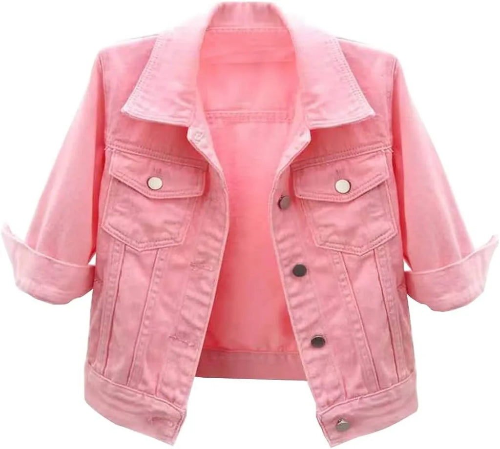 Womens Jean Jacket Cropped Denim Jackets Purple Yellow White Blue Stretchy 3/4 Puff Sleeve Distressed Shacket With Pockets