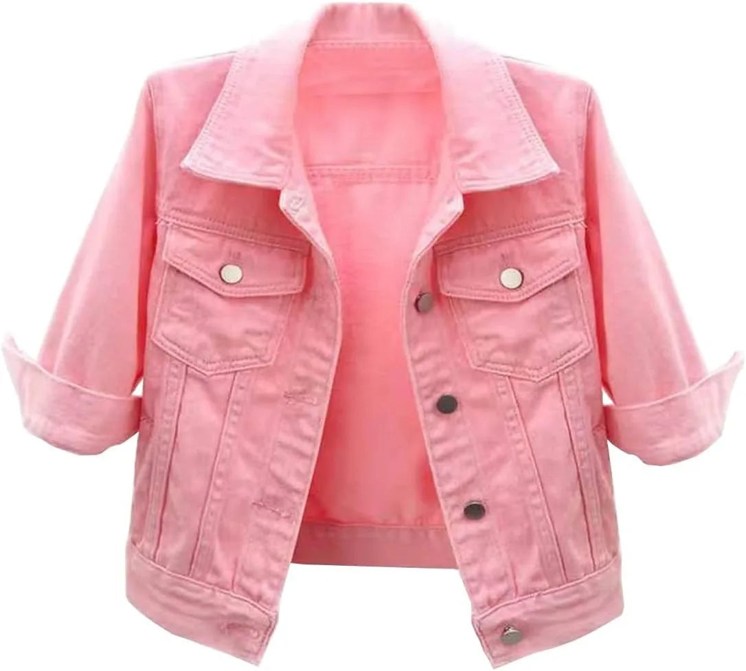 Womens Jean Jacket Cropped Denim Jackets Purple Yellow White Blue Stretchy 3/4 Puff Sleeve Distressed Shacket With Pockets
