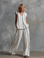 Black White Vertical Striped Loose Top+Wide Leg Pants Two-piece Summer Women's Loose Cotton Linen Trousers Set Костюм Женский