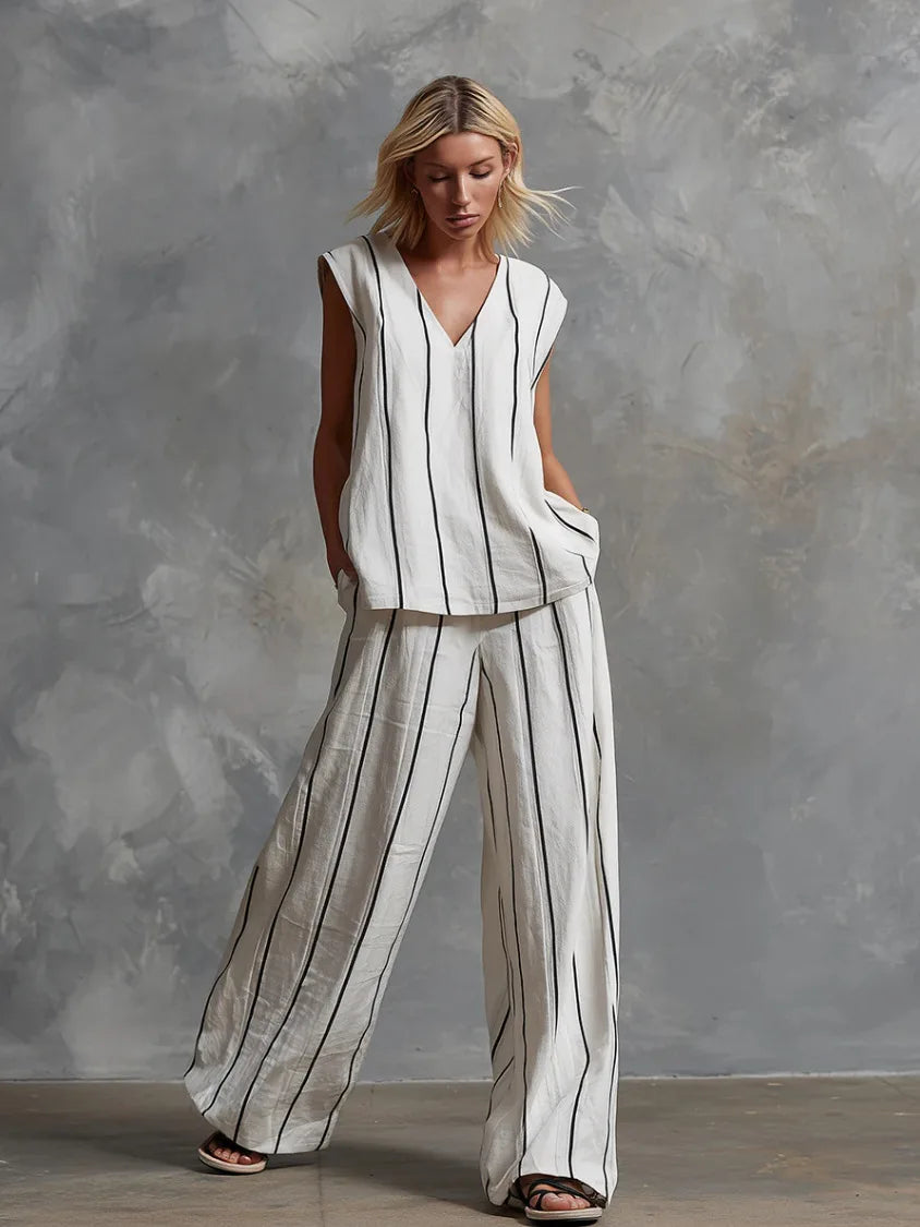 Black White Vertical Striped Loose Top+Wide Leg Pants Two-piece Summer Women's Loose Cotton Linen Trousers Set Костюм Женский