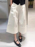 ZANZEA Women Casual Calf-Length Pants Elastic Back Waist Solid Color Wide-Leg Cropped Pant Loose Cozy Woman Bottoms Fall 2025