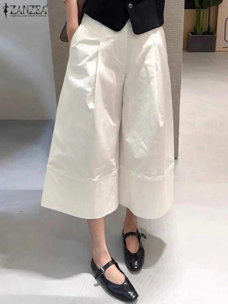 ZANZEA Women Casual Calf-Length Pants Elastic Back Waist Solid Color Wide-Leg Cropped Pant Loose Cozy Woman Bottoms Fall 2025