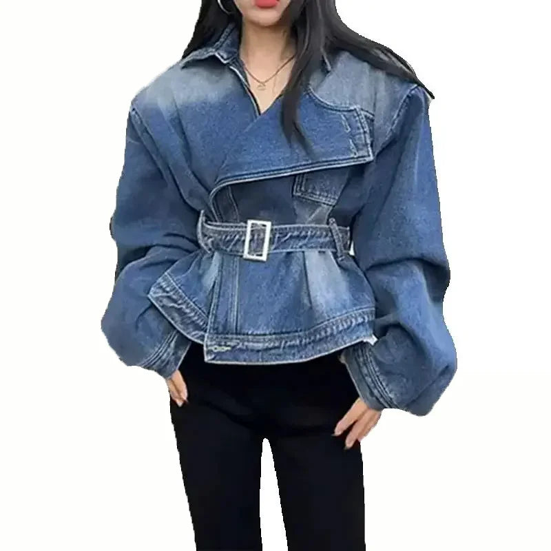2026 Spring New American Style Washed Denim Jacket For Women Belted Waist Slim Fit Design Versatile And Trendy Casual Outerwear