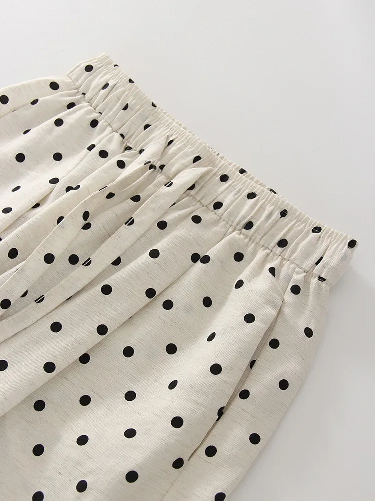 Black Polka Dot Linen Pants Women Wide Leg Summer Trousers Baggy For Ladies White Oversize Cotton Linen Pants Woman Wide