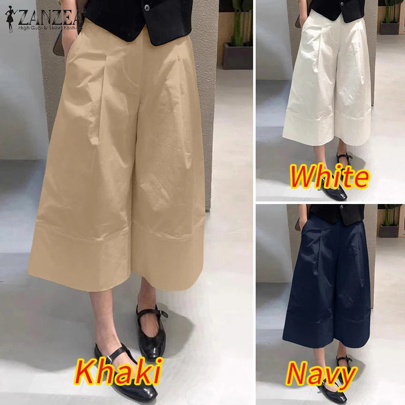 ZANZEA Women Casual Calf-Length Pants Elastic Back Waist Solid Color Wide-Leg Cropped Pant Loose Cozy Woman Bottoms Fall 2025