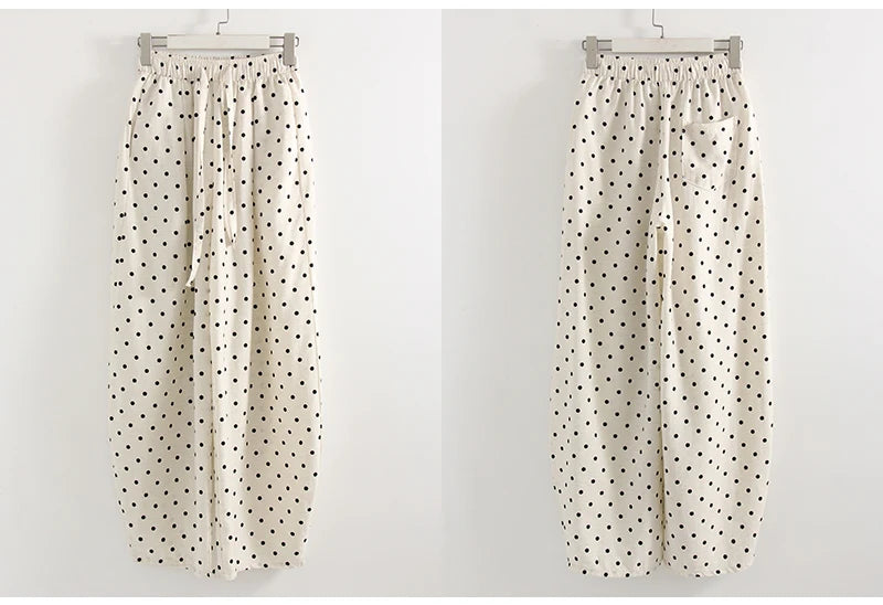Black Polka Dot Linen Pants Women Wide Leg Summer Trousers Baggy For Ladies White Oversize Cotton Linen Pants Woman Wide