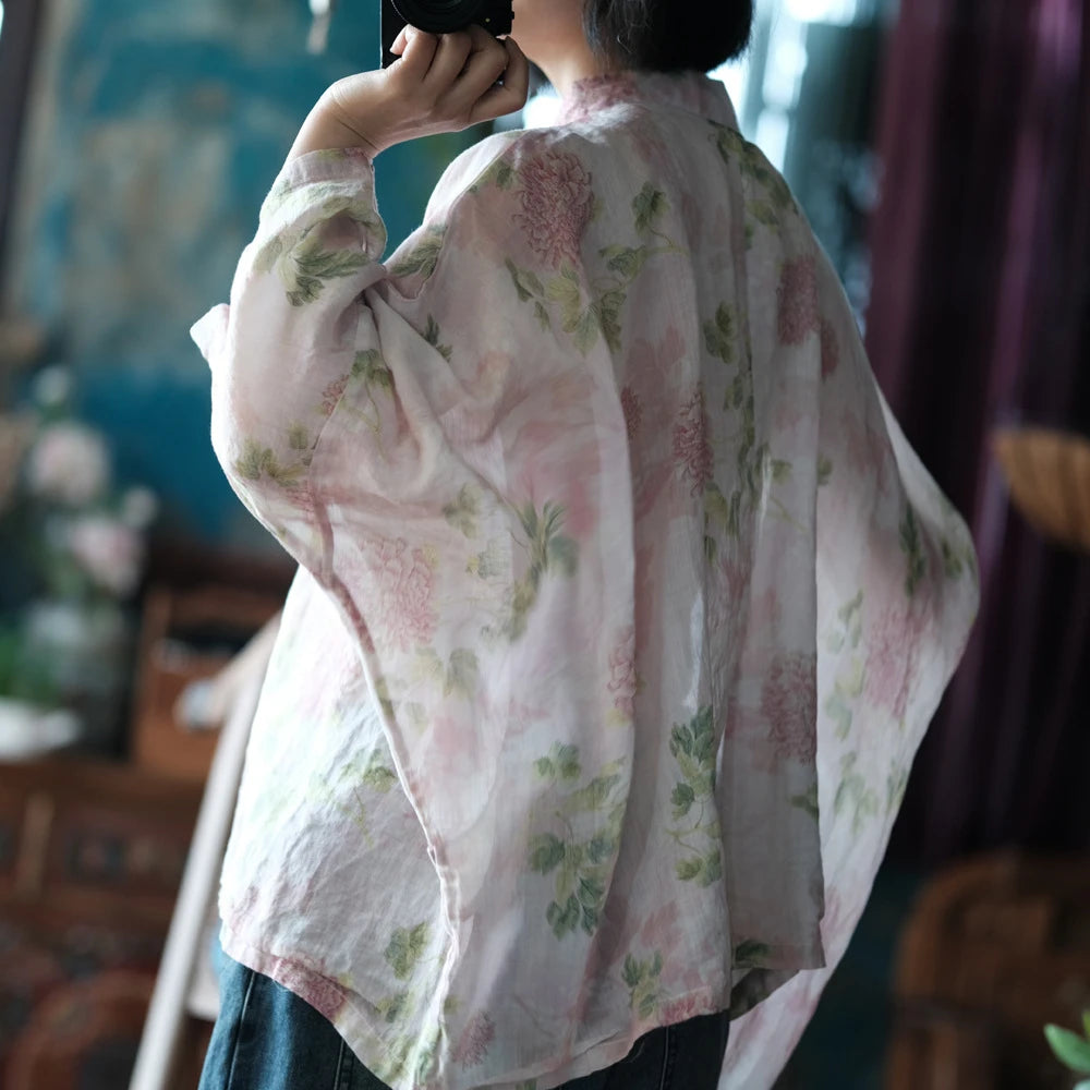 Oversized Women Batwing Sleeve Linen Shirt New 2025 Spring Chinese Style Vintage Floral Print Female Casua Tops Shirts M1057