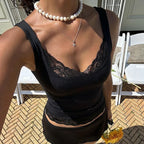 Dulzura Square Collar Backless Slim Lace Ruffles Patchwork Tank Top Women'S Fashion Sexy Y2K Top Party Vacation Summer Clothes