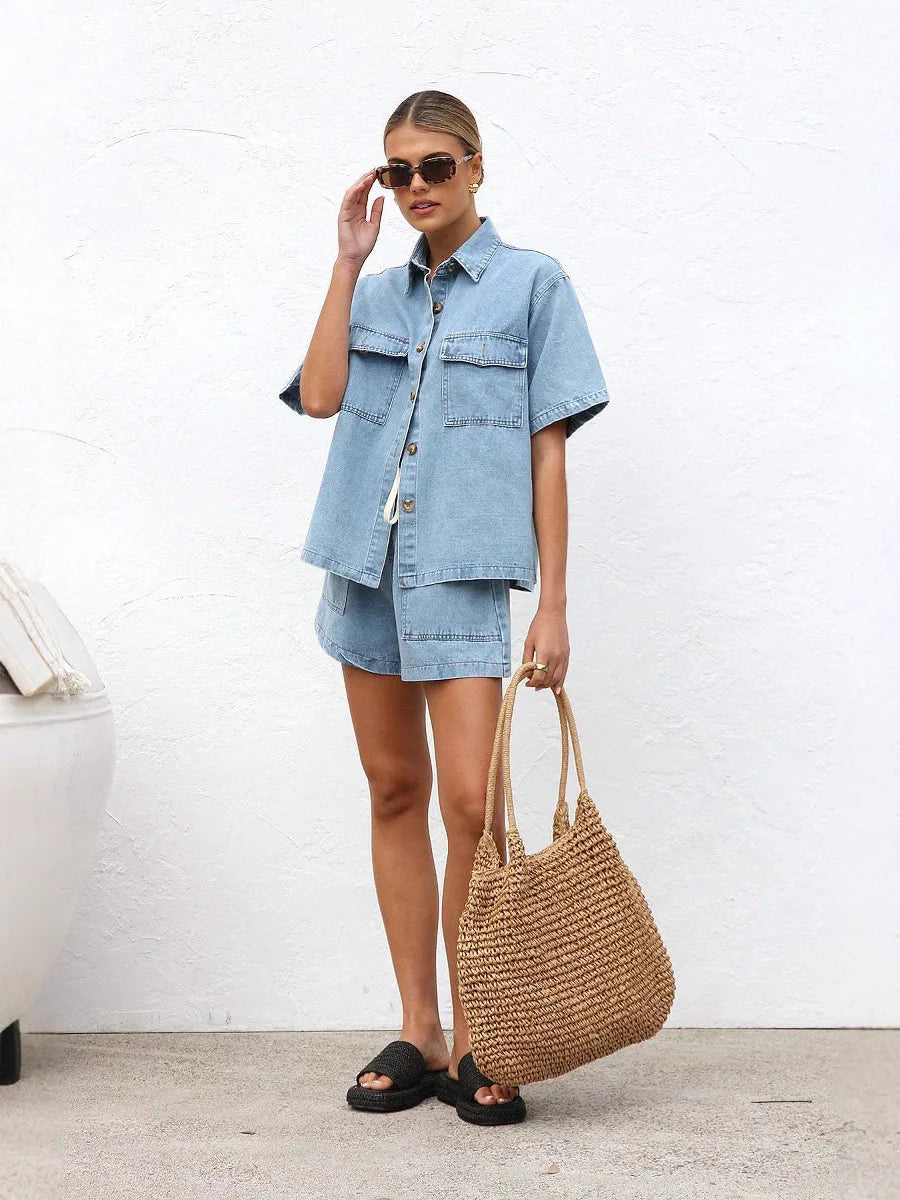 Summer Trendy Women's Casual Loose Pocket Short Sleeve Shirt Cowboy Two Piece Set