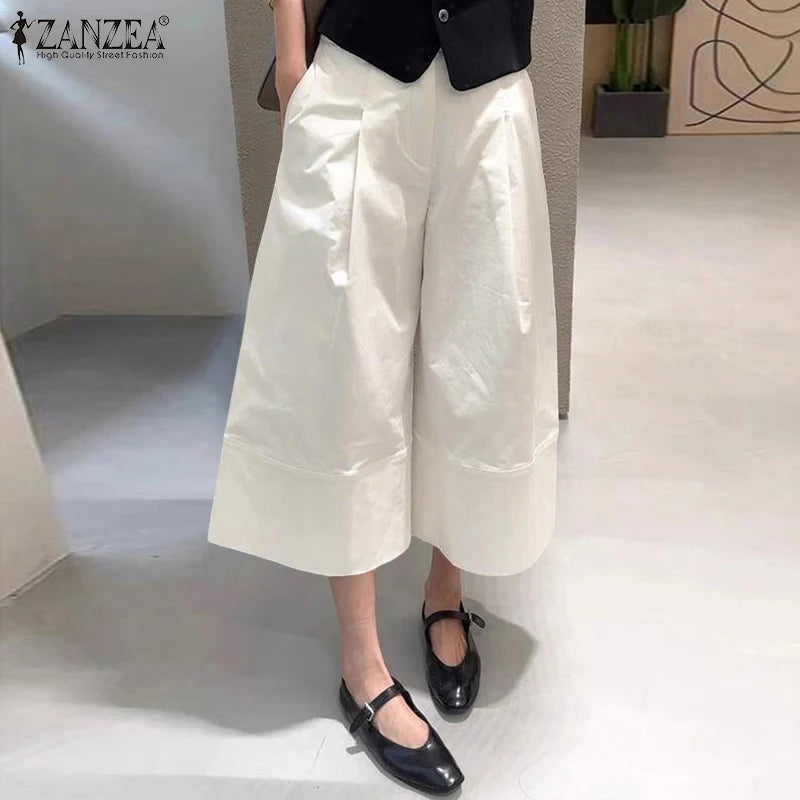 ZANZEA Women Casual Calf-Length Pants Elastic Back Waist Solid Color Wide-Leg Cropped Pant Loose Cozy Woman Bottoms Fall 2025